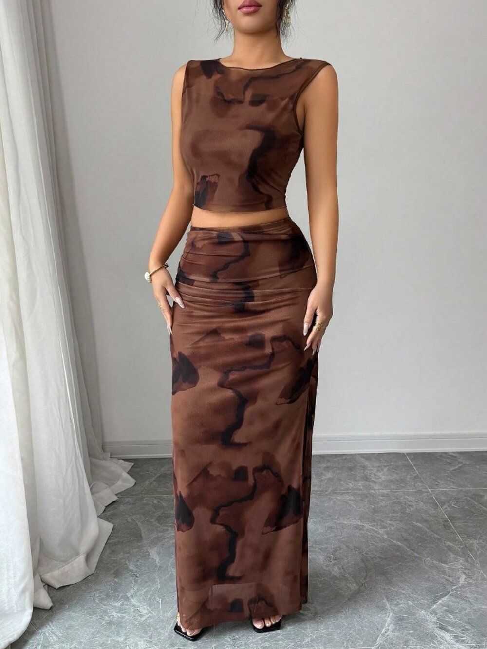 Coffee Brown Casual Women's Checkered Mesh Sleeveless Vest Top & Slit Skirt Set - Picture 6 of 6